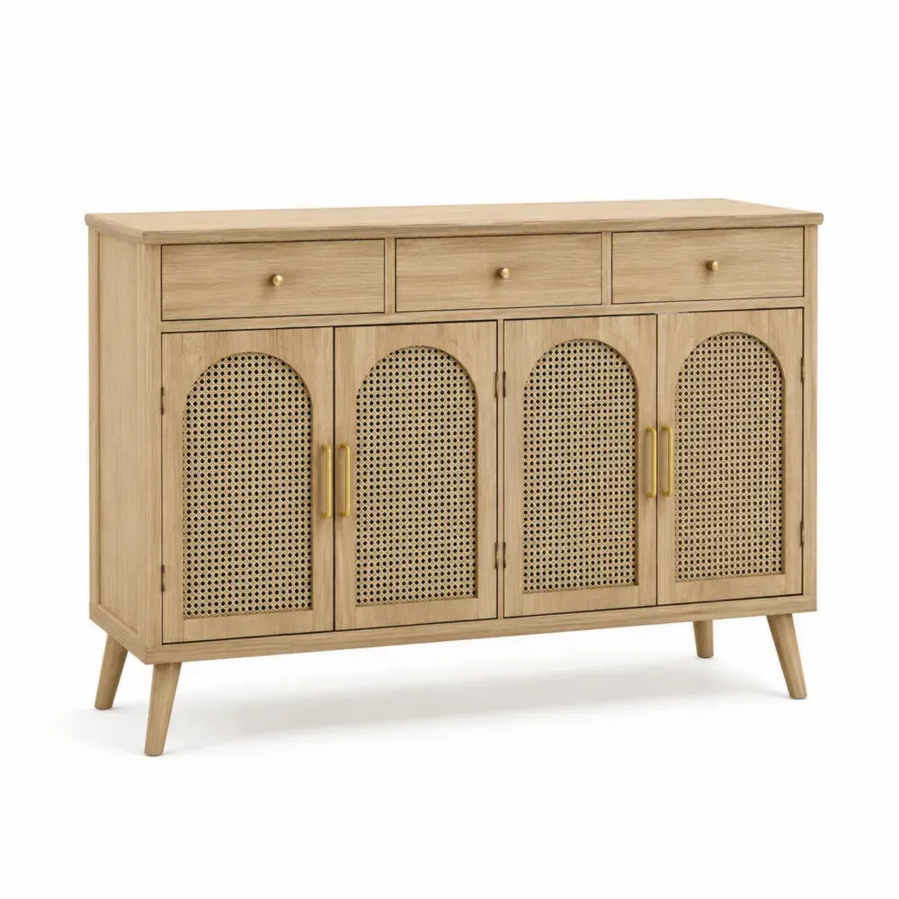 Aparador buffet MDF roble claro 140x40x85 cm con 3 cajones 4 puertas y ratán natural