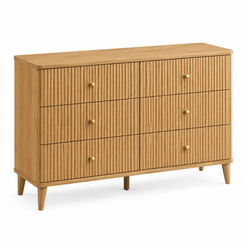 Cómoda rectangular de 6 cajones de MDF acabado roble natural con tiradores metálicos dorados
