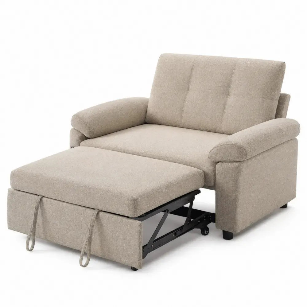 Sofá cama individual extensible con reposabrazos con bolsillo lateral poliéster beige estructura de acero 90 x 85 x 85 cm
