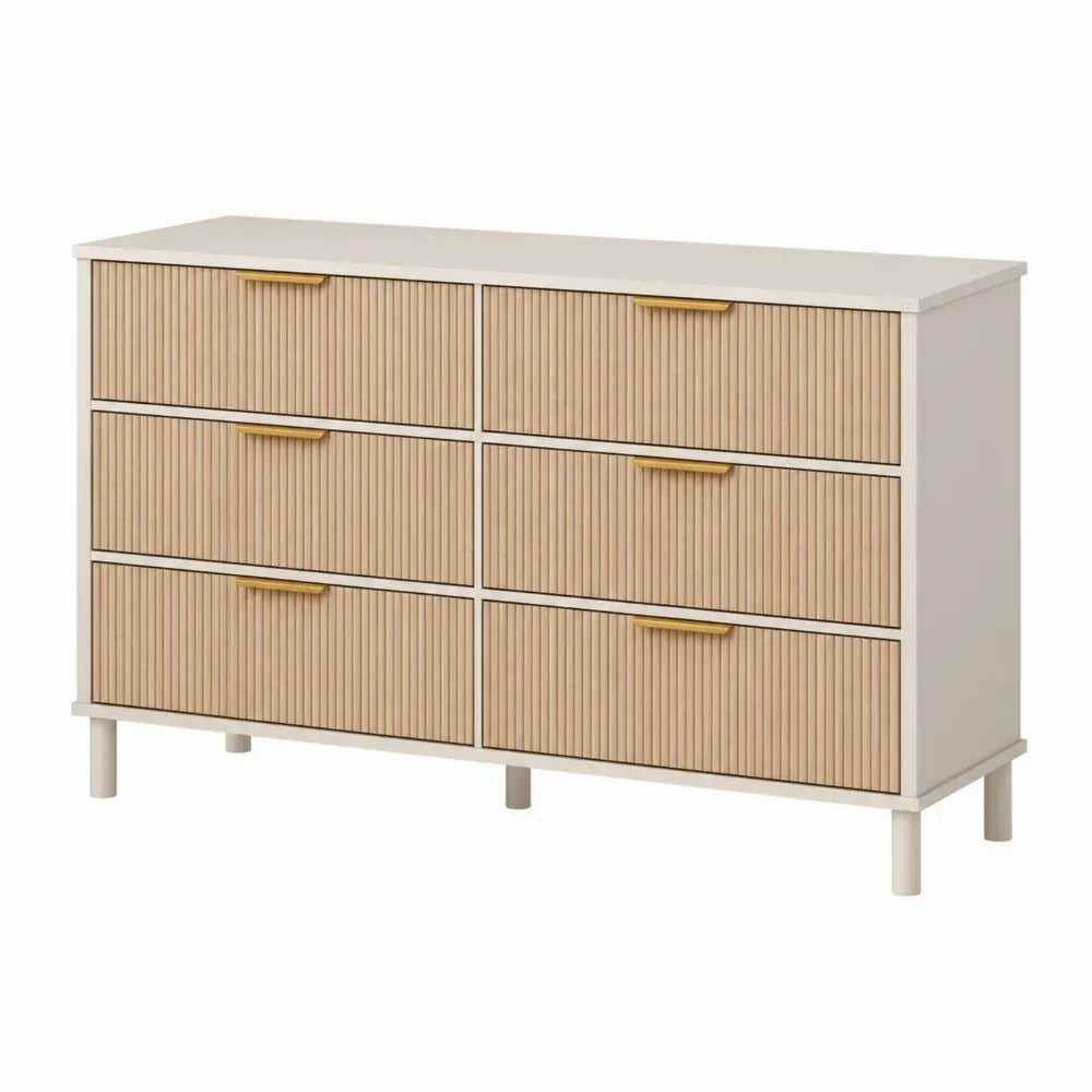 Cómoda 6 cajones 120 x 40 x 80 cm rectangular MDF blanco roto frentes acanalados roble claro tiradores dorados