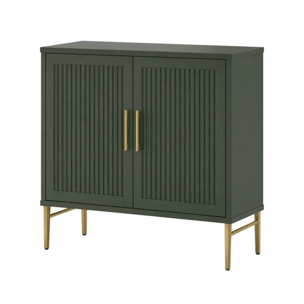 Aparador buffet de cocina y comedor de madera con acabado verde y tiradores metálicos dorados 90 x 40 x 85 cm