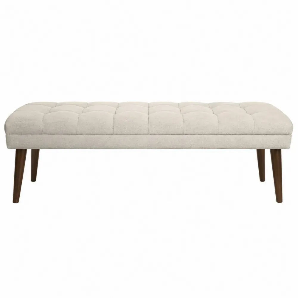 Banco rectangular tapizado en poliéster beige con asiento capitoné y patas de madera de caucho marrón 120 x 40 x 45 cm