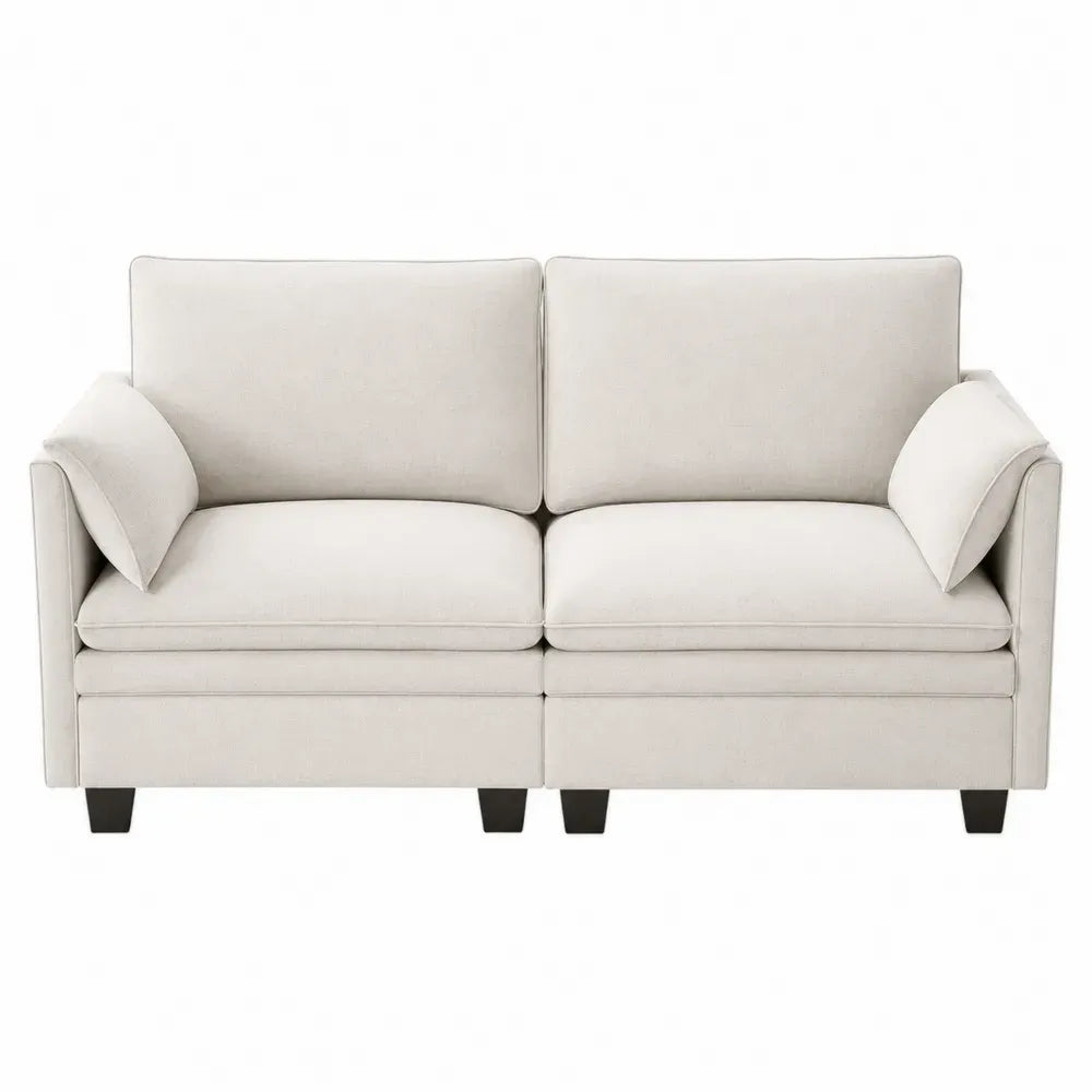 Sofá de 2 plazas tapizado en tejido beige con cojines desmontables patas de madera negra 170 x 85 x 80 cm