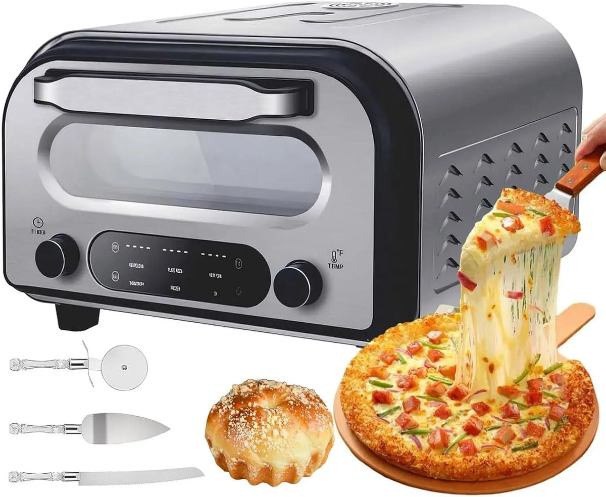 Four électrique à pizza, 12 pouces, 1700 W, minuteur, 2 zones de température, 6 préréglages de pizza, comptoir à 450°C