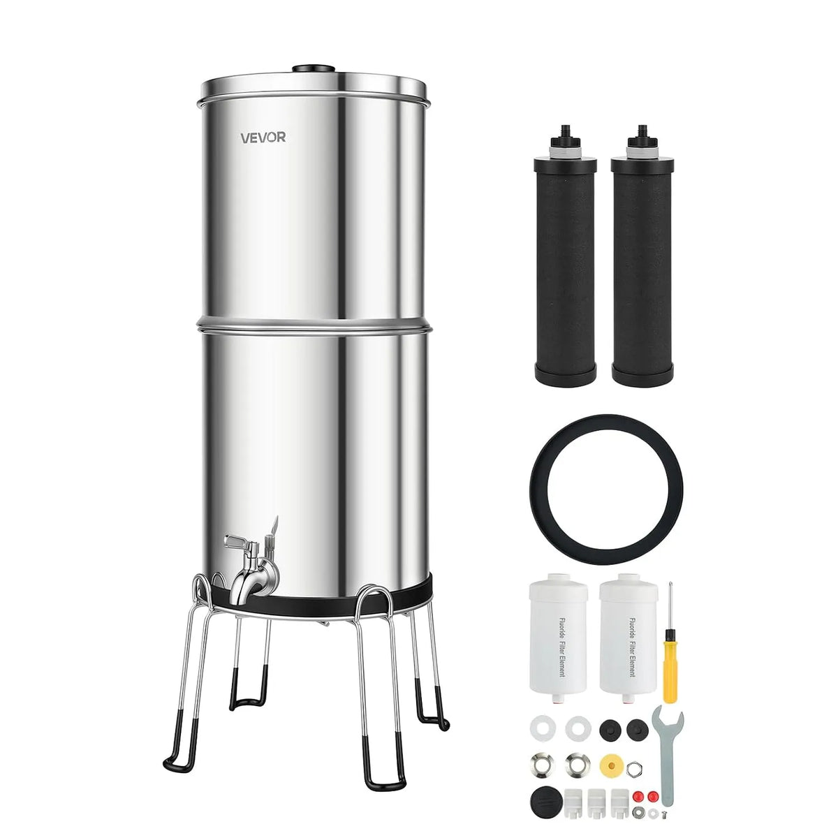 VEVOR Système de Filtration d'Eau par Gravité 8,52 L avec 4 Filtres à Eau, Cartouches au Charbon Actif et Anti-fluor, pour Camping, Fontaine Filtrante