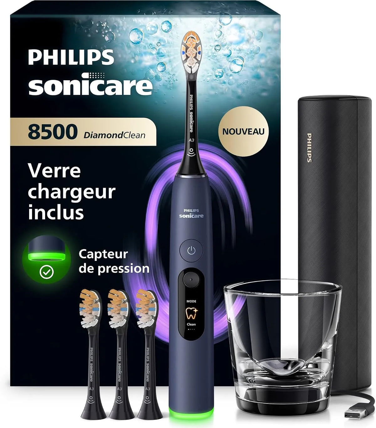 Philips HX8515/13 capteur, brosse, brosse à dents rechargeable, dalle IPS, bleu