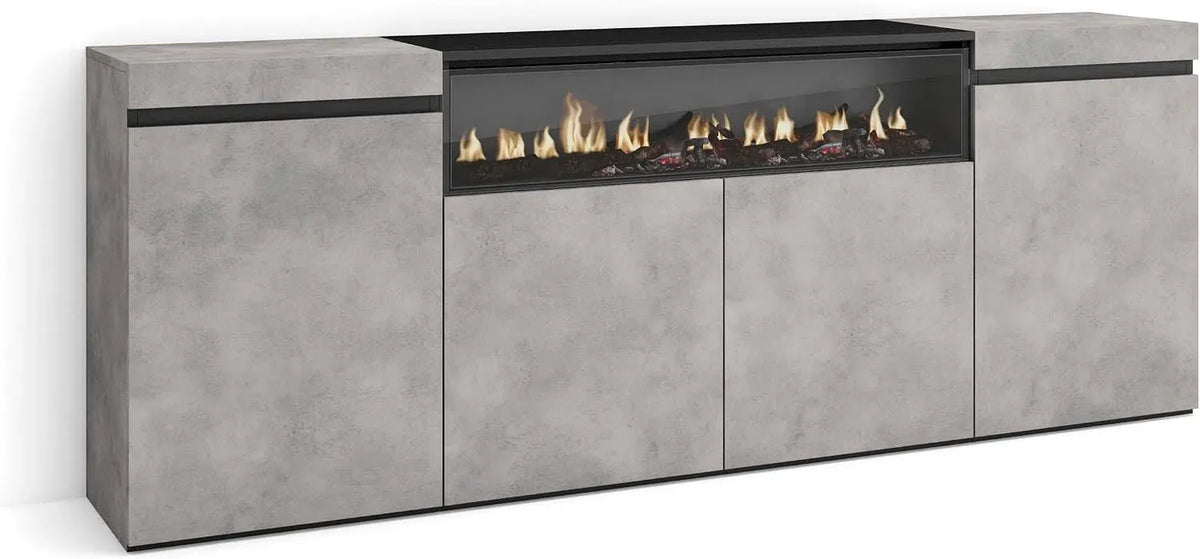 Cheminée électrique, Skraut Home, pour Buffet Salon et Cuisine, 200x75x35cm, 4 Portes, Meuble de Rangement, Commode