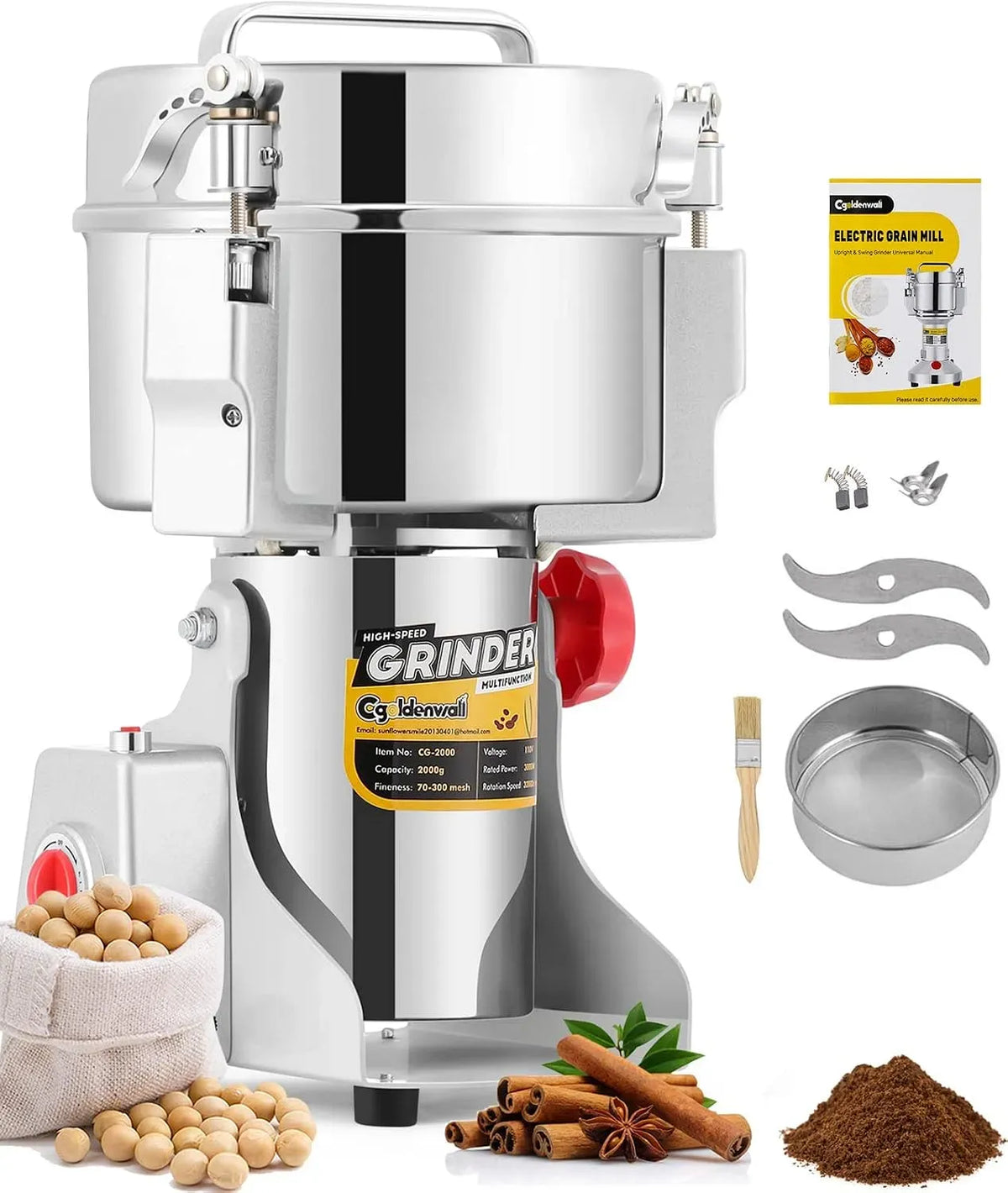 Moulin à céréales, 3000 W, 2000 g, broyeur à grains, CGOLDENWALL 32000RPM, minuteur, professionnel, acier inoxydable, 3000W Commerciale Moteur