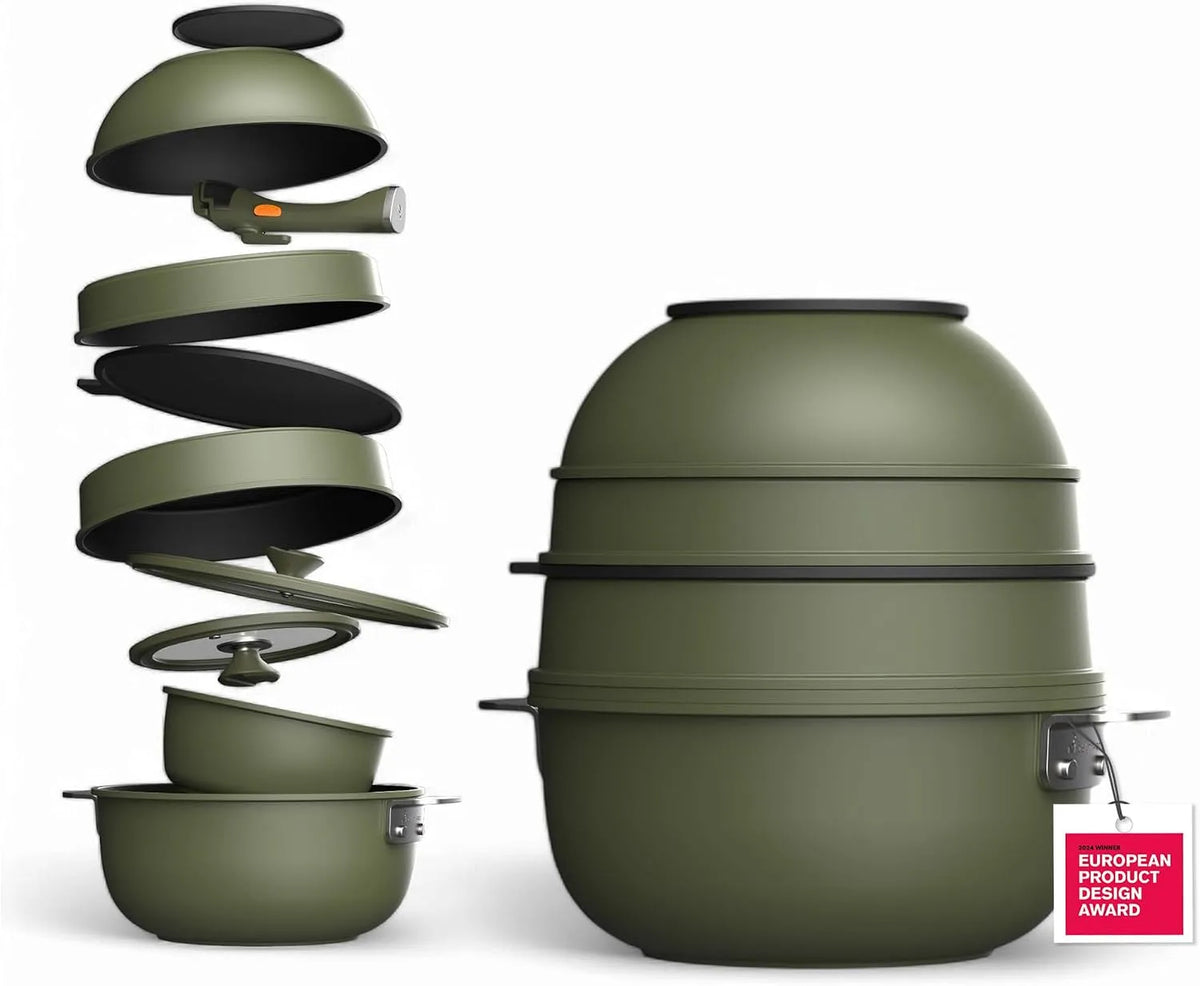Peu encombrant, MasterPRO SHARE & PLAY, Ensemble de 10 ustensiles de cuisine empilables, Manche amovible, Fonte d'aluminium