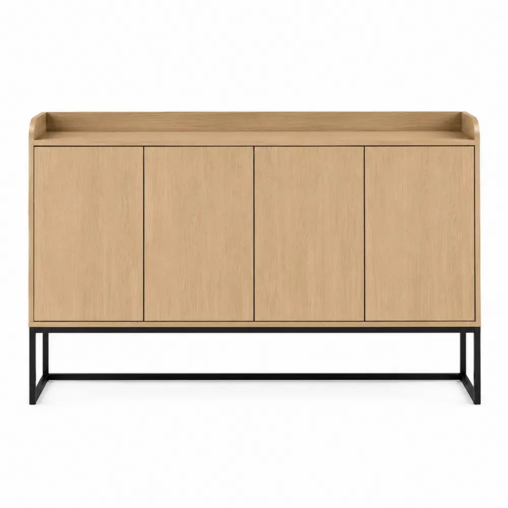 Aparador buffet rectangular de MDF chapado en roble natural con 4 puertas y base de acero negro 160 x 40 x 85 cm