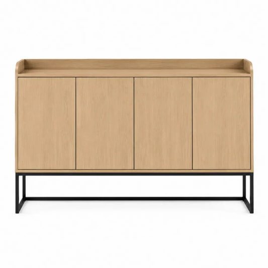 Aparador buffet rectangular de MDF chapado en roble natural con 4 puertas y base de acero negro 160 x 40 x 85 cm