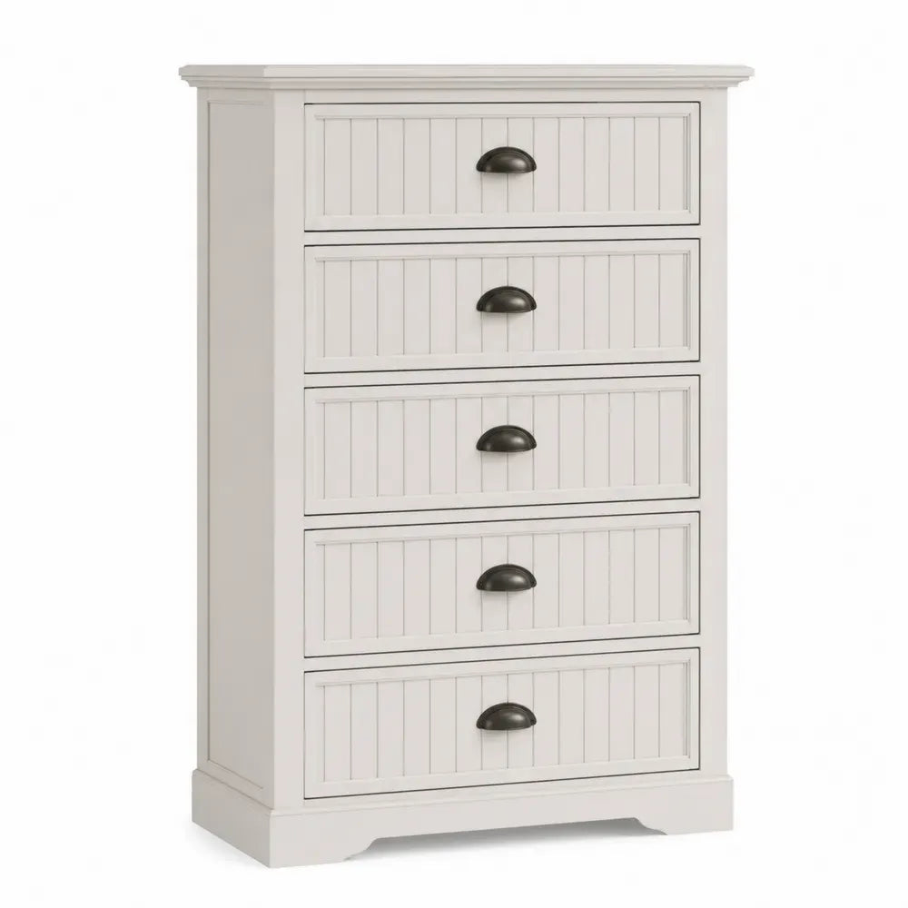 Cómoda rectangular de 5 cajones de MDF blanco con tiradores negros 80 x 40 x 120 cm