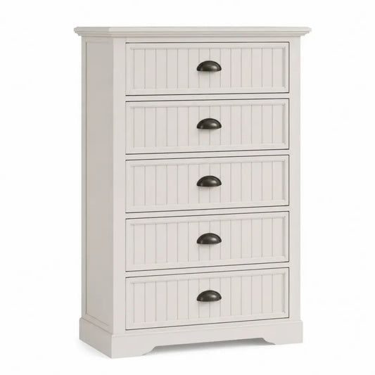 Cómoda rectangular de 5 cajones de MDF blanco con tiradores negros 80 x 40 x 120 cm