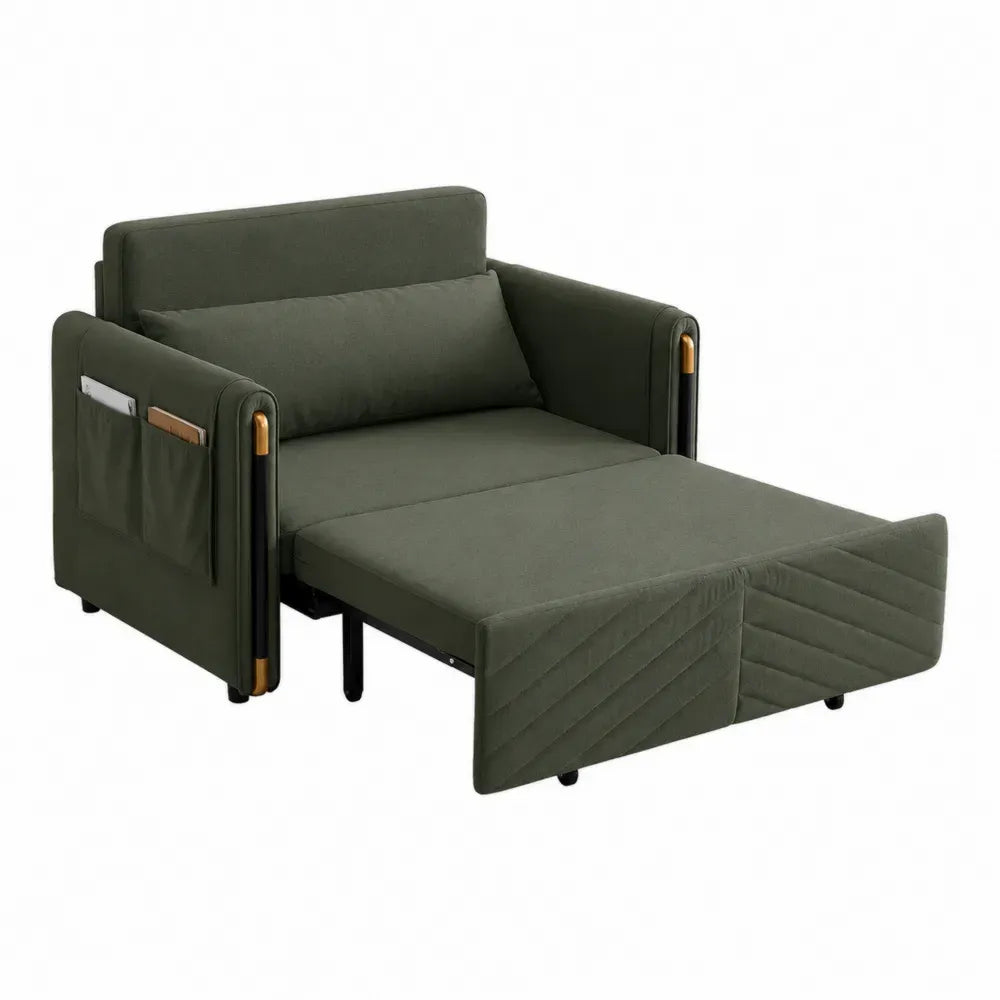 Sillón cama individual extensible de poliéster verde con estructura metálica negra y bolsillo lateral 85 x 90 x 85 cm