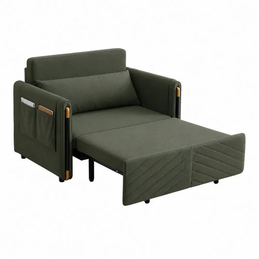 Sillón cama individual extensible de poliéster verde con estructura metálica negra y bolsillo lateral 85 x 90 x 85 cm