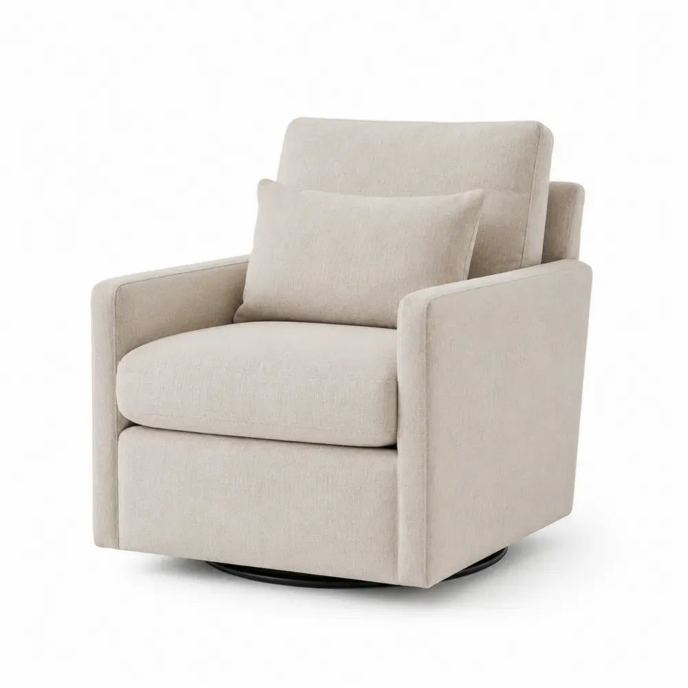 Sillón giratorio tapizado en tejido beige con cojín y base giratoria metálica negra 80 x 80 x 85 cm
