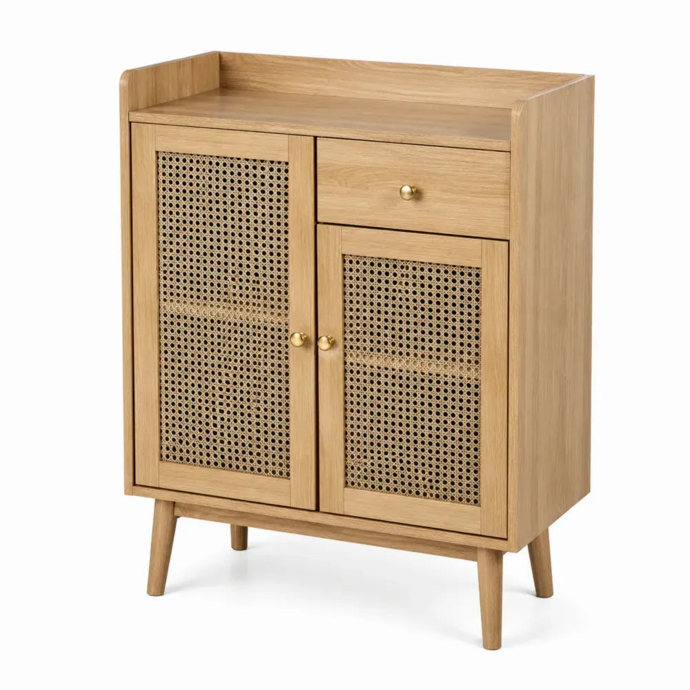 Aparador buffet rectangular de MDF chapado en roble natural con ratán 2 puertas 1 cajón 80 x 40 x 100 cm