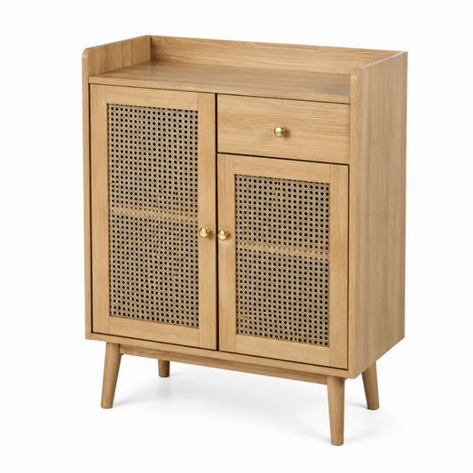 Aparador buffet rectangular de MDF chapado en roble natural con ratán 2 puertas 1 cajón 80 x 40 x 100 cm