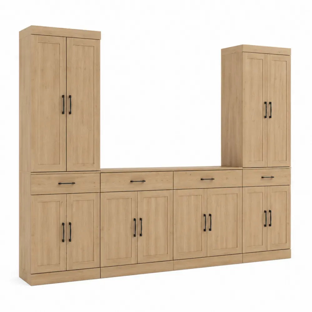 Aparador buffet modular de madera MDF roble claro con armarios altos puertas y cajones estructura rectangular