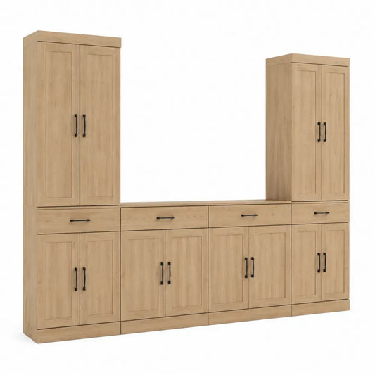 Aparador buffet modular de madera MDF roble claro con armarios altos puertas y cajones estructura rectangular