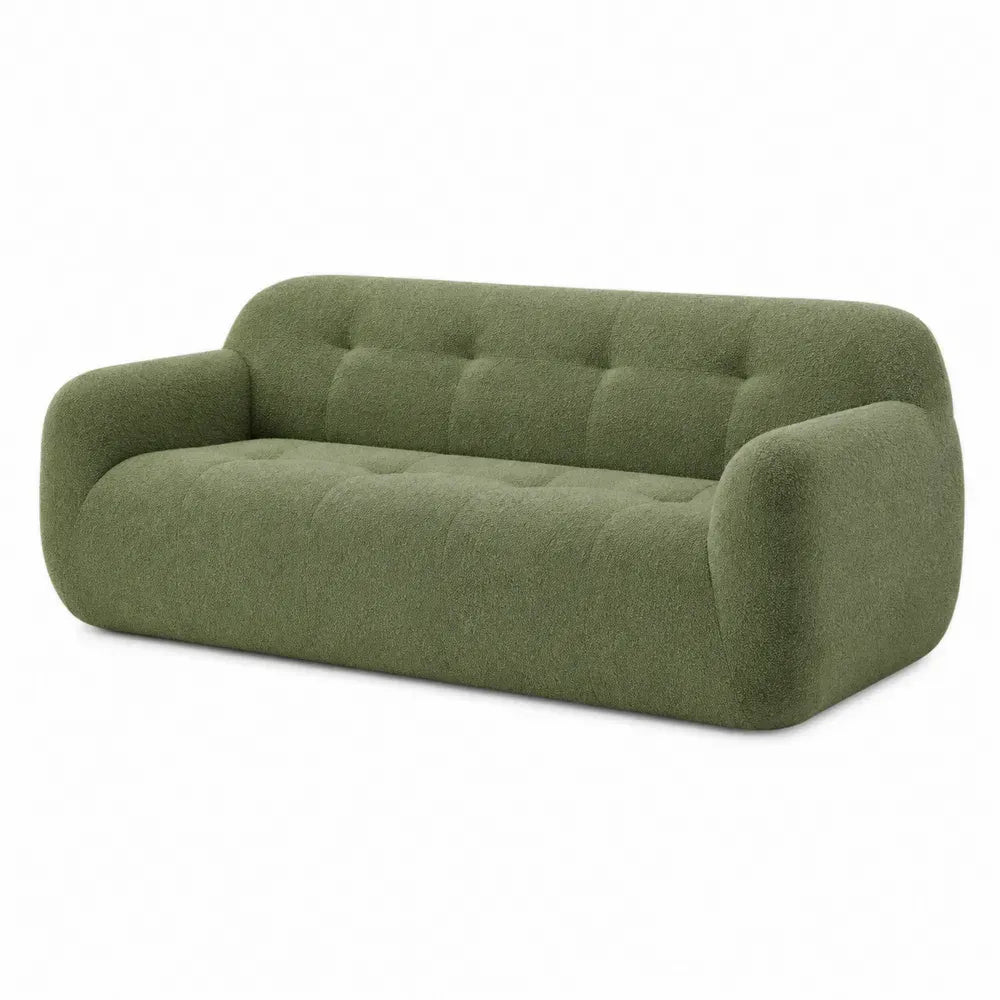 Sofá de 3 plazas redondeado de poliéster bouclé verde con brazos acolchados y capitoné 220 x 95 x 85 cm