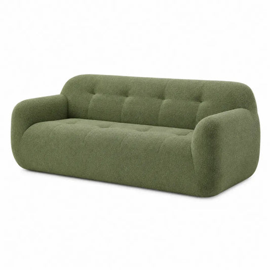 Sofá de 3 plazas redondeado de poliéster bouclé verde con brazos acolchados y capitoné 220 x 95 x 85 cm