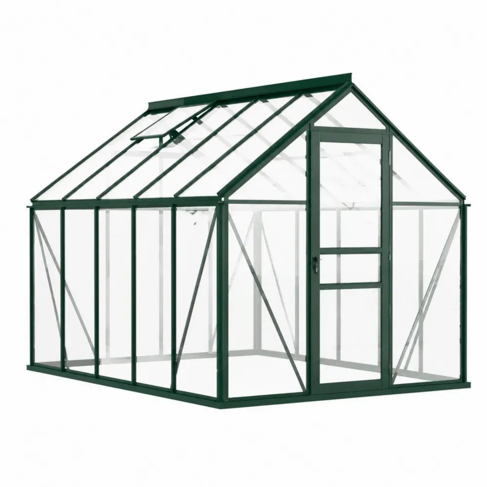 Invernadero de jardín de aluminio verde con paneles de policarbonato puerta frontal y ventilación superior 250 x 190 x 195 cm