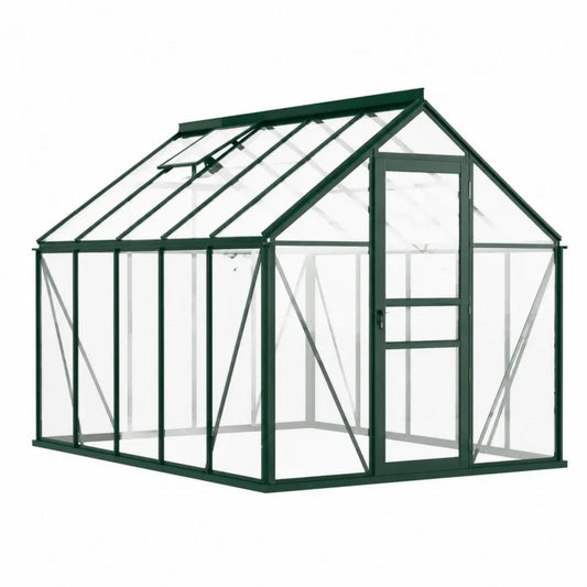 Invernadero de jardín de aluminio verde con paneles de policarbonato puerta frontal y ventilación superior 250 x 190 x 195 cm