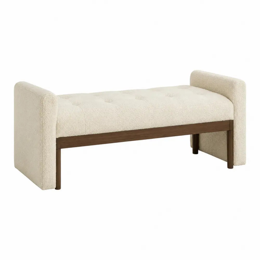 Banco tapizado en tejido bouclé beige con estructura de madera y patas de madera 120 x 40 x 45 cm
