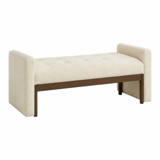 Banco tapizado en tejido bouclé beige con estructura de madera y patas de madera 120 x 40 x 45 cm
