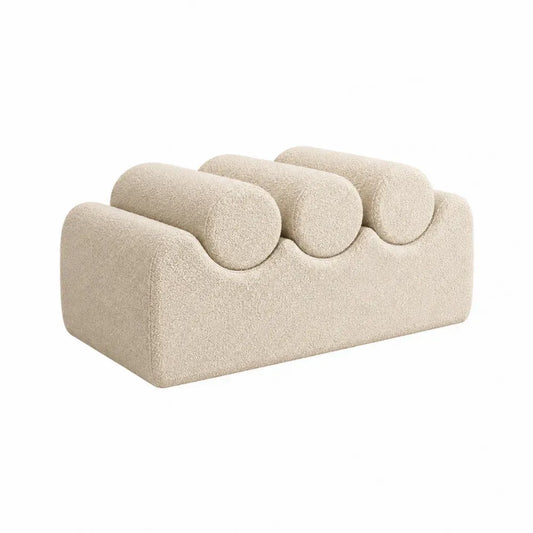 Banco rectangular tapizado en poliéster bouclé beige con respaldo de rulos acolchados 120 x 45 x 45 cm