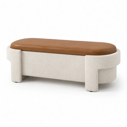 Banco de salón tapizado en tejido bouclé beige con asiento en polipiel marrón estructura de madera 120 x 40 x 45 cm