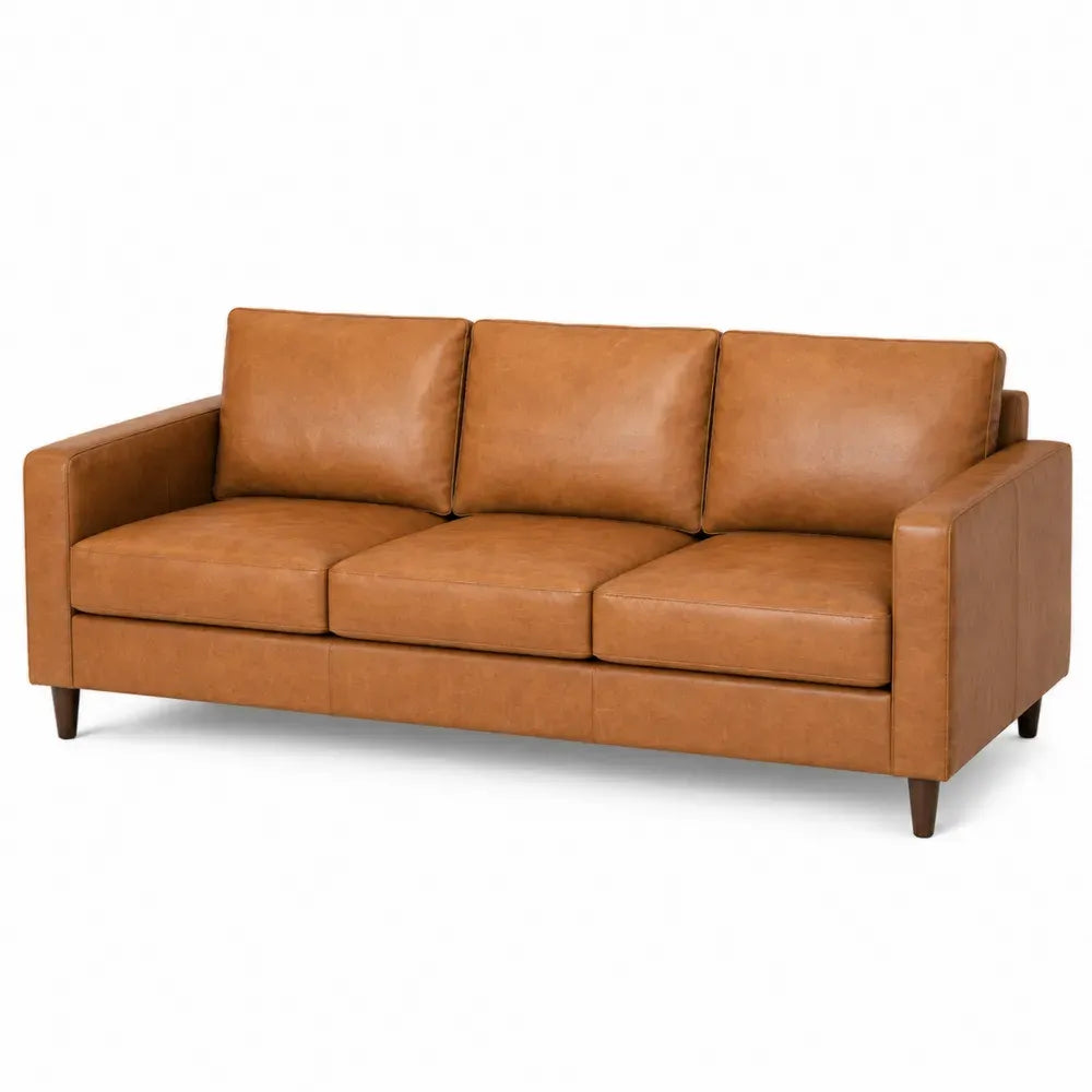 Sofá de 3 plazas tapizado en piel sintética PU marrón con patas de madera estructura de madera de ingeniería 200 x 85 x 85 cm