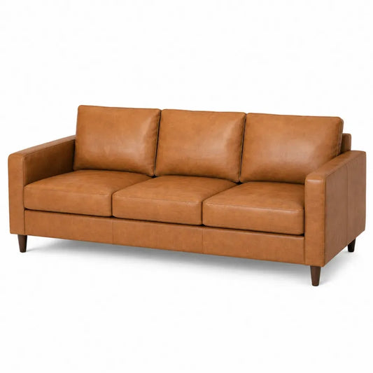 Sofá de 3 plazas tapizado en piel sintética PU marrón con patas de madera estructura de madera de ingeniería 200 x 85 x 85 cm