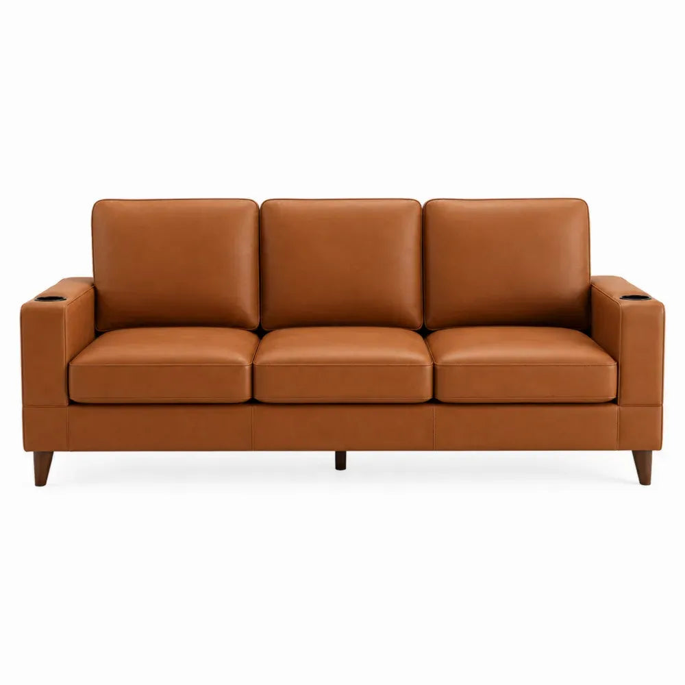 Sofá de 3 plazas rectangular de piel sintética PU marrón con portavasos negros y patas de madera 210 x 90 x 85 cm