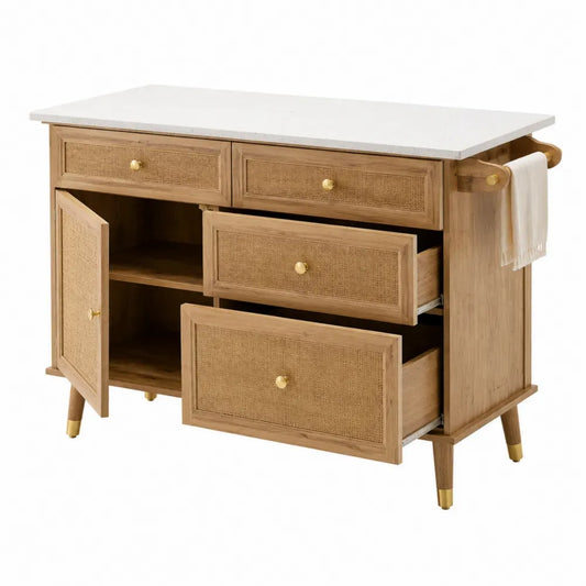 Aparador buffet rectangular de MDF roble claro con ratán natural encimera efecto mármol blanco 140 x 40 x 85 cm