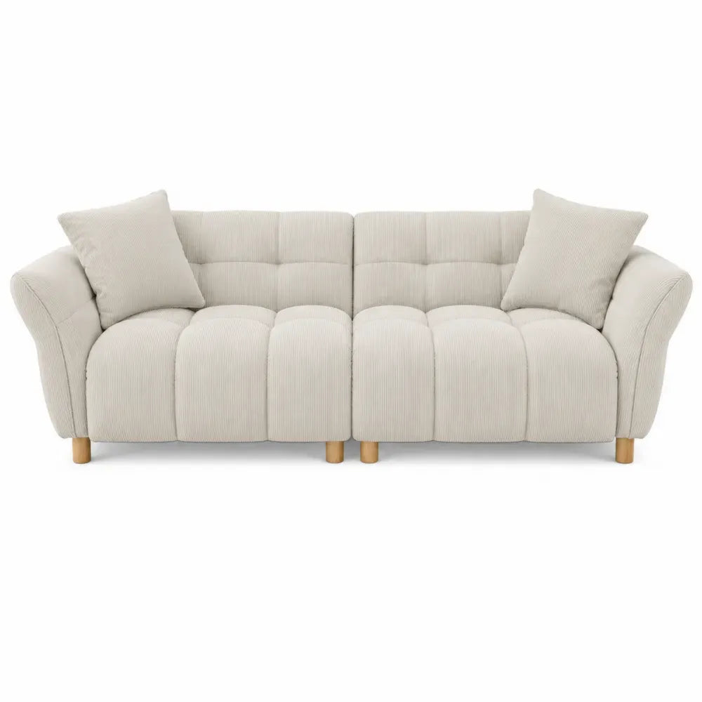 Sofá de 2 plazas rectangular de poliéster acanalado beige con cojines y patas de madera natural 180 x 90 x 85 cm