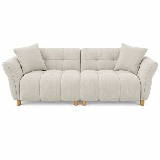 Sofá de 2 plazas rectangular de poliéster acanalado beige con cojines y patas de madera natural 180 x 90 x 85 cm