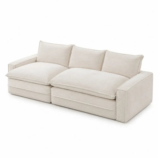 Sofá de 3 plazas tapizado en tejido acanalado beige con patas de madera estructura de madera de ingeniería 220 x 95 x 85 cm