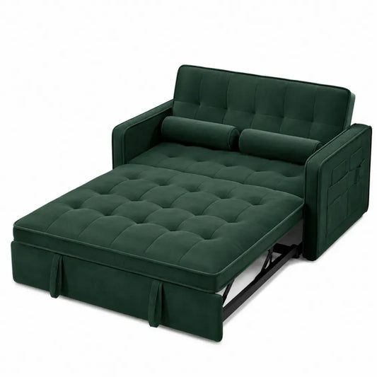 Sofá cama convertible de terciopelo verde oscuro con sistema extraíble y cojines cilíndricos 210 x 100 x 85 cm