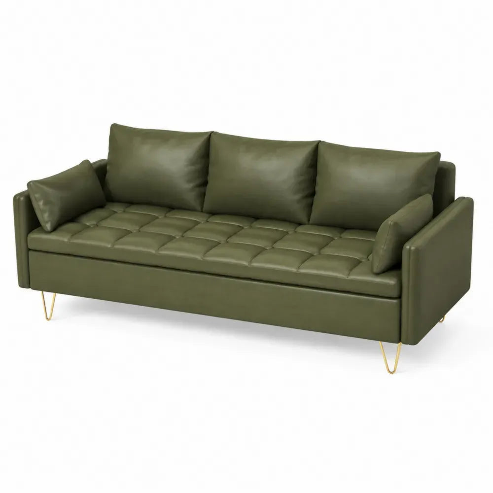 Sofá de salón de tres plazas tapizado en piel sintética PU verde oliva con patas metálicas doradas 210 x 85 x 78 cm
