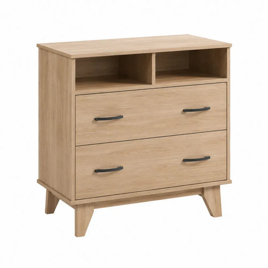 Cómoda de 2 cajones 2 compartimentos 80 x 40 x 90 cm rectangular MDF melamina roble claro con tiradores negros