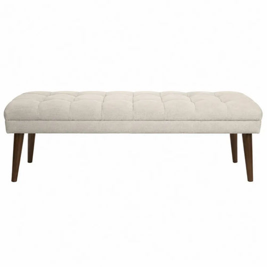 Banco rectangular tapizado en poliéster beige con asiento capitoné y patas de madera de caucho marrón 120 x 40 x 45 cm
