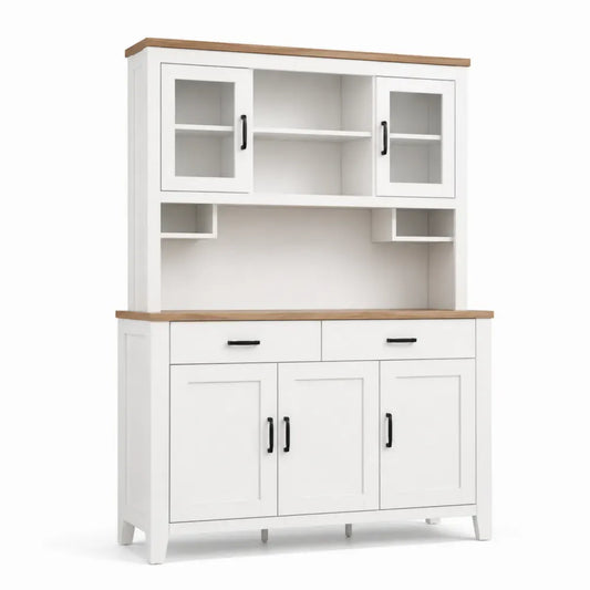 Aparador buffet alto de MDF blanco con vitrinas de vidrio tiradores negros y encimera efecto madera 120 x 40 x 180 cm