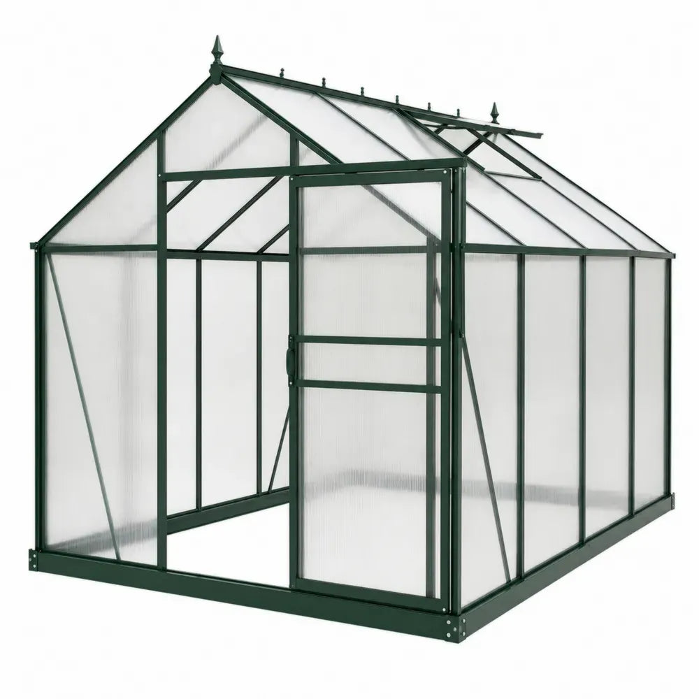 Invernadero de jardín 190 x 190 x 195 cm estructura de acero verde paneles de policarbonato con puerta corredera y ventilación superior