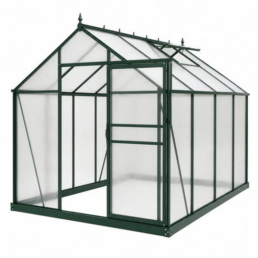 Invernadero de jardín 190 x 190 x 195 cm estructura de acero verde paneles de policarbonato con puerta corredera y ventilación superior