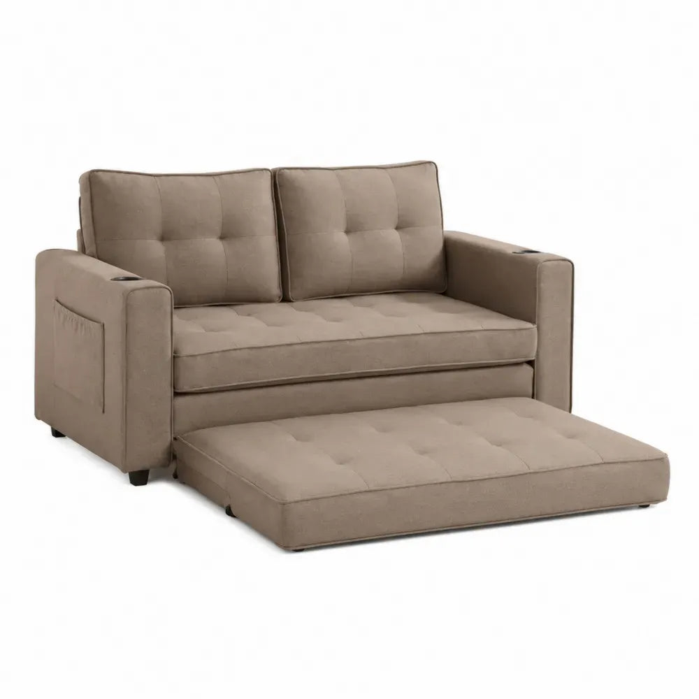 Sofá cama de 2 plazas de poliéster beige topo con sistema extraíble portavasos negros y estructura metálica 200 x 85 x 85 cm