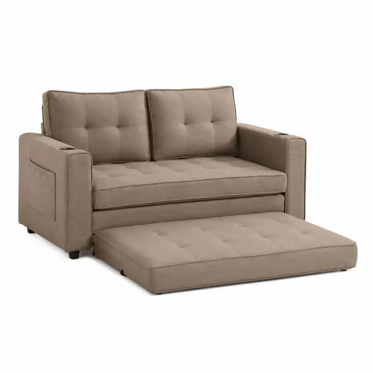 Sofá cama de 2 plazas de poliéster beige topo con sistema extraíble portavasos negros y estructura metálica 200 x 85 x 85 cm