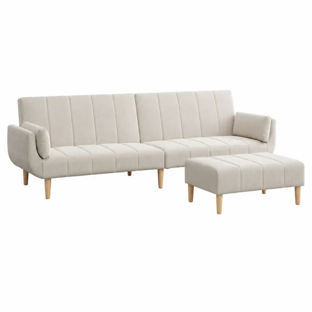 Sofá de salón de tres plazas con otomana tejido poliéster beige estructura de madera contrachapada patas de madera 210 x 90 x 85 cm