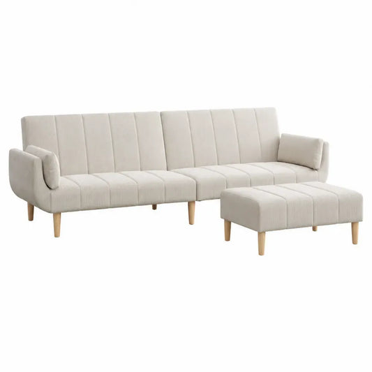 Sofá de salón de tres plazas con otomana tejido poliéster beige estructura de madera contrachapada patas de madera 210 x 90 x 85 cm